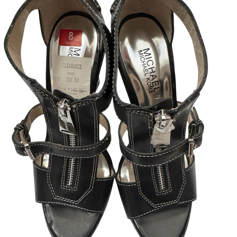 NWT Michael Michael Kors Black Platform Ankle Strap Heeled Sandals Size 8 - Picture 3 of 12